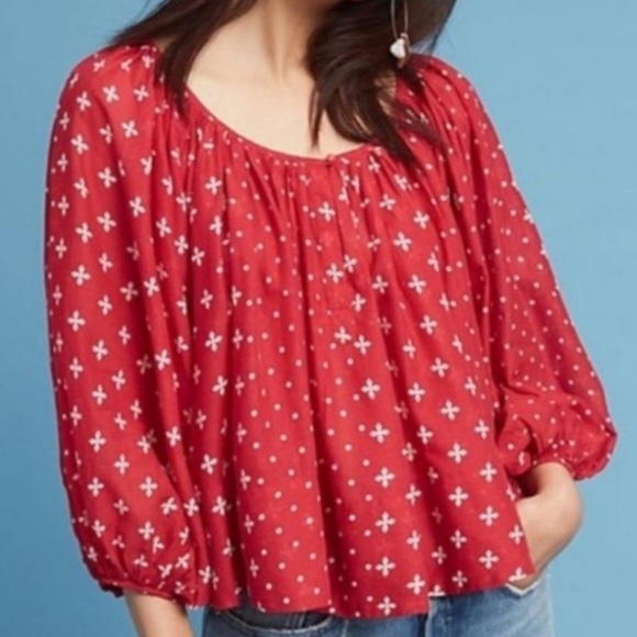 Anthropologie Kopal Luma Peasant Top Boho Keyhole Button Red size Small Petites - Picture 1 of 7